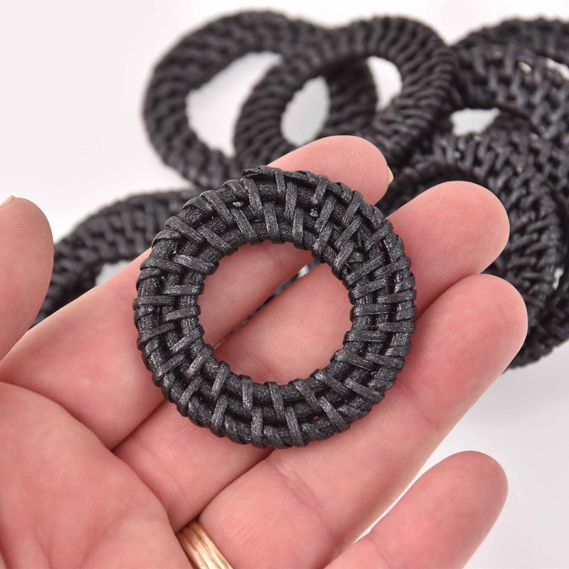 2 Rattan Charms, Round Washer Ring Circles, Black, 45mm, chs8132