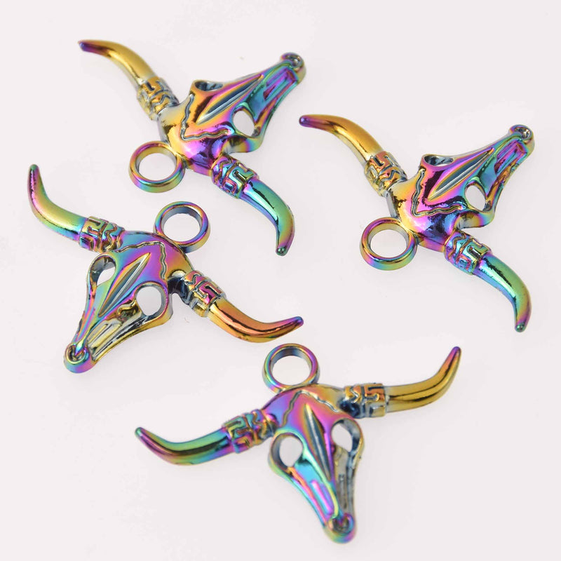 2 Bull Head Charms, Rainbow Patina Hammered Metal, chs8138