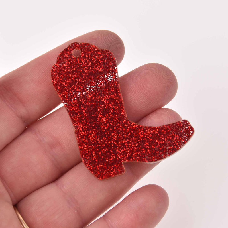 Drill Team Boot Laser Cut Charm, Red Glitter Acrylic Shape, 2" x 1.5", chs8167