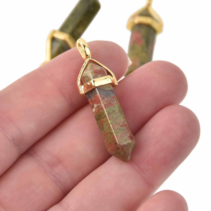 1 Unakite Charm, Gemstone Point Pendant, gold trim, 1.5", chs8205