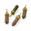 1 Unakite Charm, Gemstone Point Pendant, gold trim, 1.5", chs8205