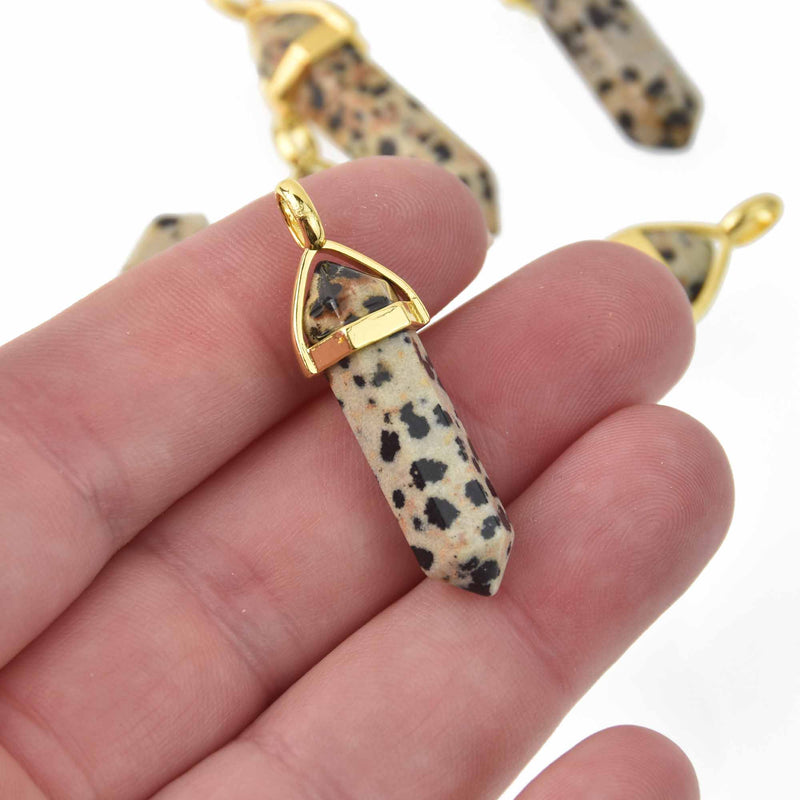 1 Dalmatian Jasper Charm, Gemstone Point Pendant, gold trim, 1.5", chs8207
