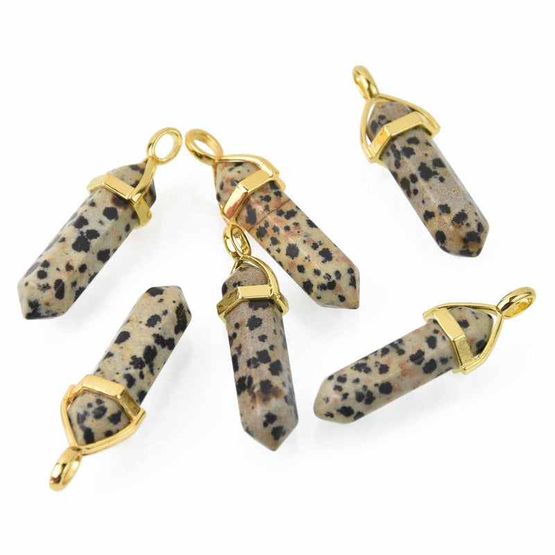 1 Dalmatian Jasper Charm, Gemstone Point Pendant, gold trim, 1.5", chs8207