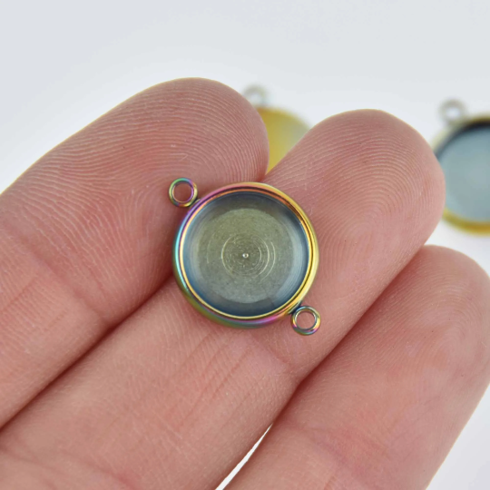 4 Stainless Steel Round Charms, CABOCHON SETTING Bezel Frame Connector Link, Rainbow (fits 12mm cabs) chs8209