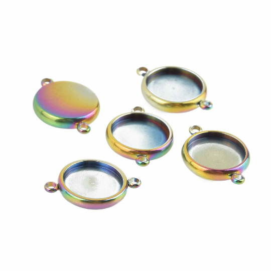 4 Stainless Steel Round Charms, CABOCHON SETTING Bezel Frame Connector Link, Rainbow (fits 12mm cabs) chs8209