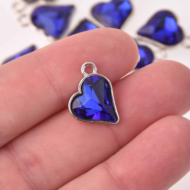 6 Royal Blue Crystal Heart Charms, Silver Metal, 19mm, chs8213