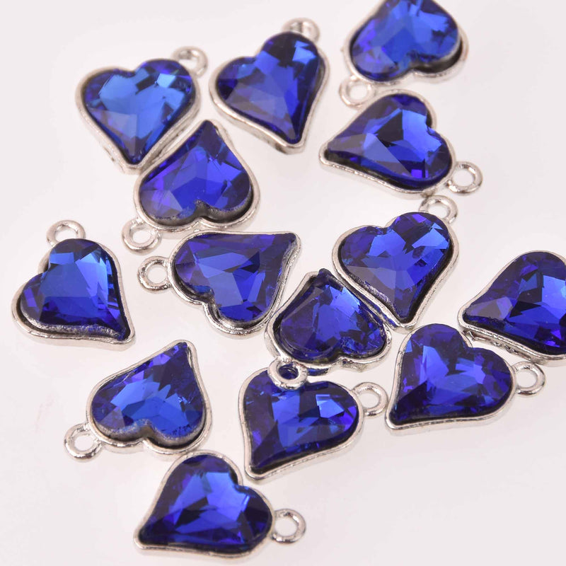 6 Royal Blue Crystal Heart Charms, Silver Metal, 19mm, chs8213