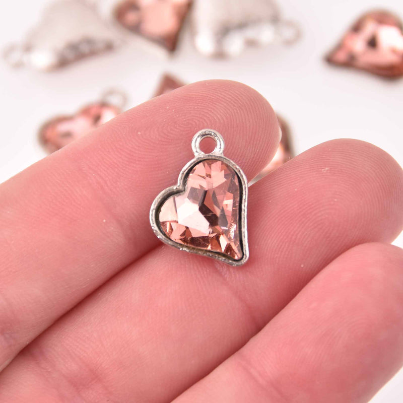 6 Peach Crystal Heart Charms, Silver Metal, 19mm, chs8214