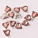 6 Peach Crystal Heart Charms, Silver Metal, 19mm, chs8214