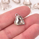 6 Clear Crystal Heart Charms, Silver Metal, 19mm, chs8215