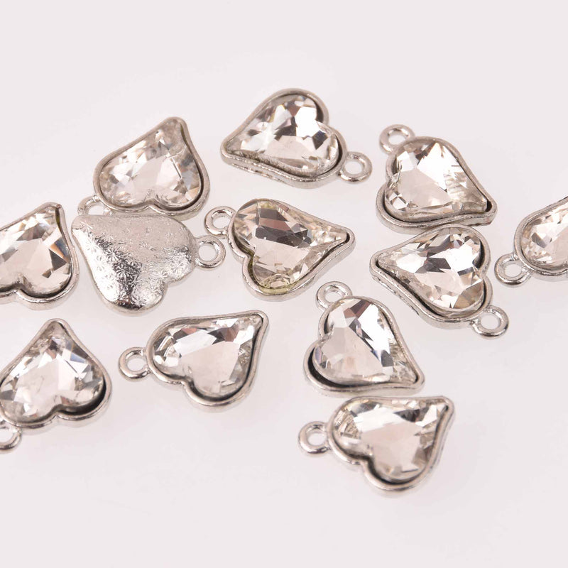6 Clear Crystal Heart Charms, Silver Metal, 19mm, chs8215