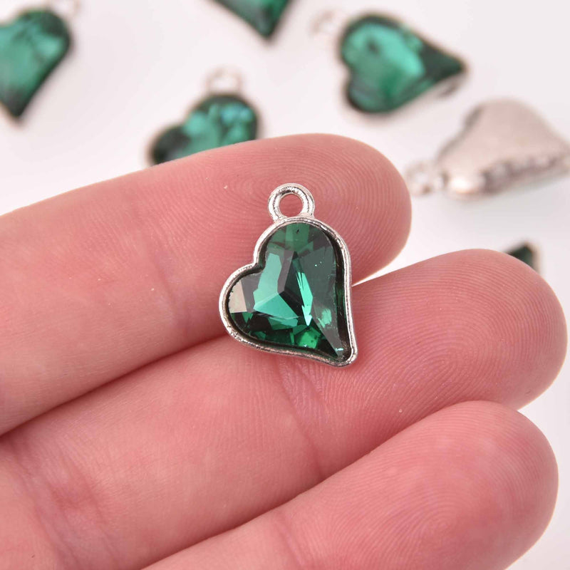 6 Emerald Green Crystal Heart Charms, Silver Metal, 19mm, chs8216