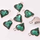 6 Emerald Green Crystal Heart Charms, Silver Metal, 19mm, chs8216