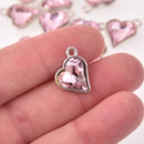 6 Pink Crystal Heart Charms, Silver Metal, 19mm, chs8217
