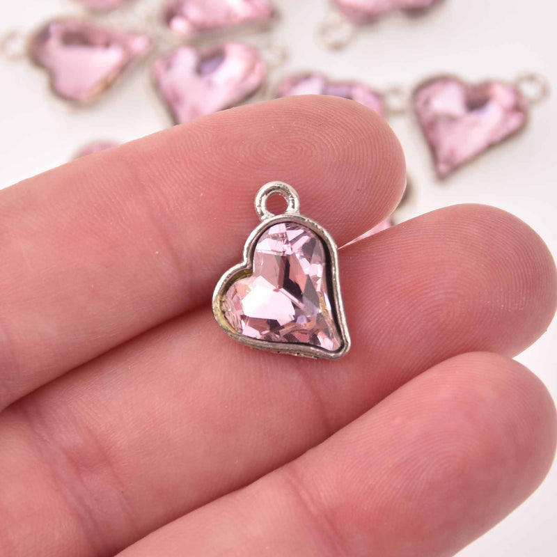 6 Pink Crystal Heart Charms, Silver Metal, 19mm, chs8217