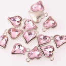 6 Pink Crystal Heart Charms, Silver Metal, 19mm, chs8217