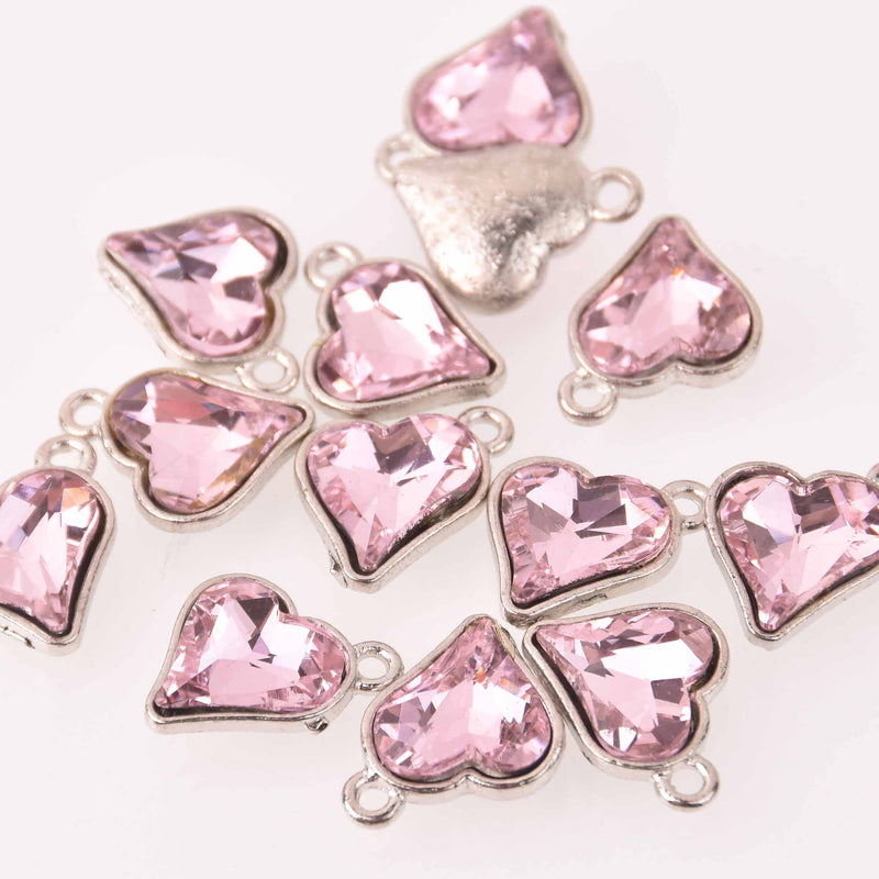 6 Pink Crystal Heart Charms, Silver Metal, 19mm, chs8217