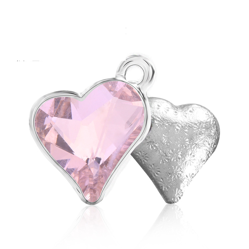 6 Pink Crystal Heart Charms, Silver Metal, 19mm, chs8217