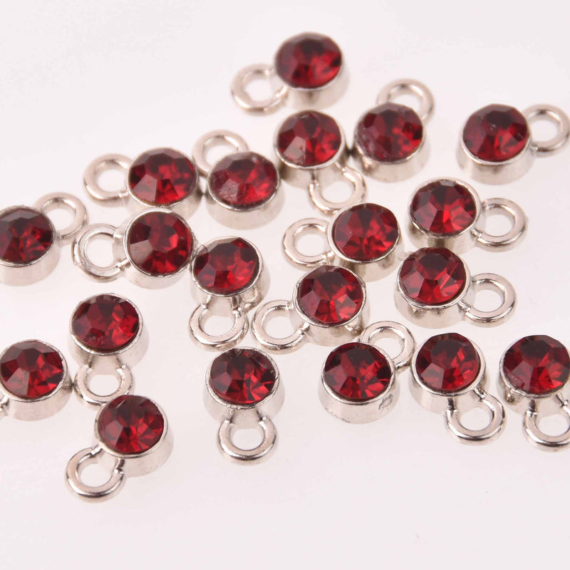 Garnet Red Drop Charms 6mm Silver and Rhinestone Crystal Dot Charms chs8222