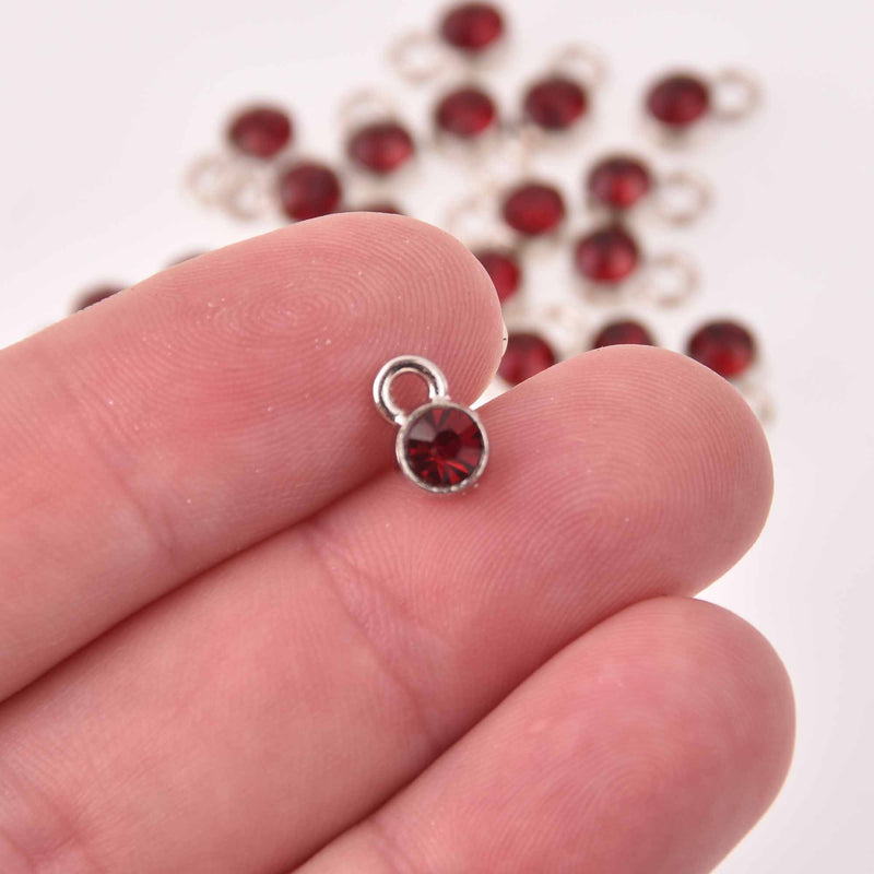 Garnet Red Drop Charms 6mm Silver and Rhinestone Crystal Dot Charms chs8222