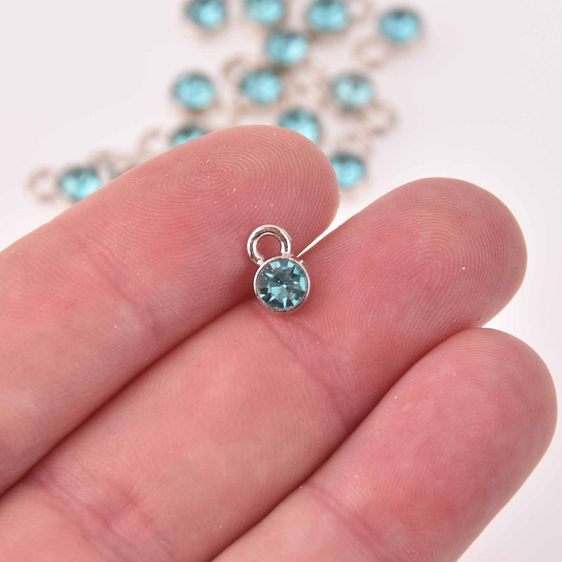 AQUAMARINE BLUE Drop Charms 6mm Silver and Rhinestone Crystal Dot Charms chs8224