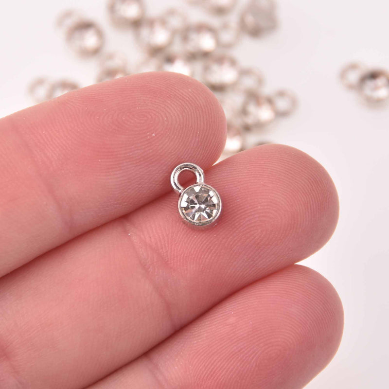 CLEAR Drop Charms 6mm Silver and Rhinestone Crystal Dot Charms chs8225