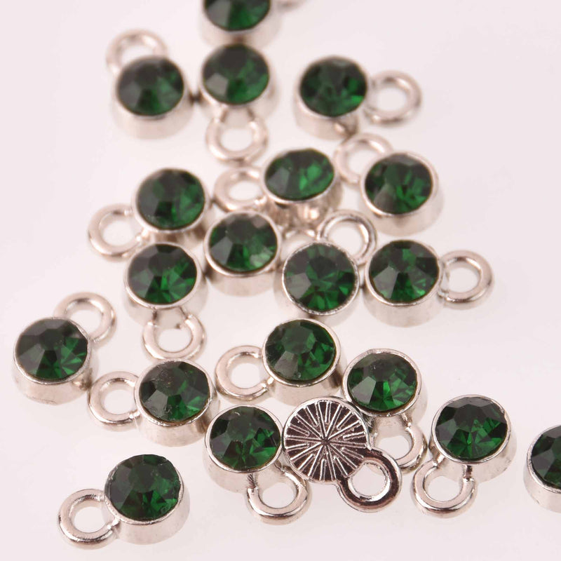 Emerald Green Drop Charms 6mm Silver and Rhinestone Crystal Dot Charms chs8226