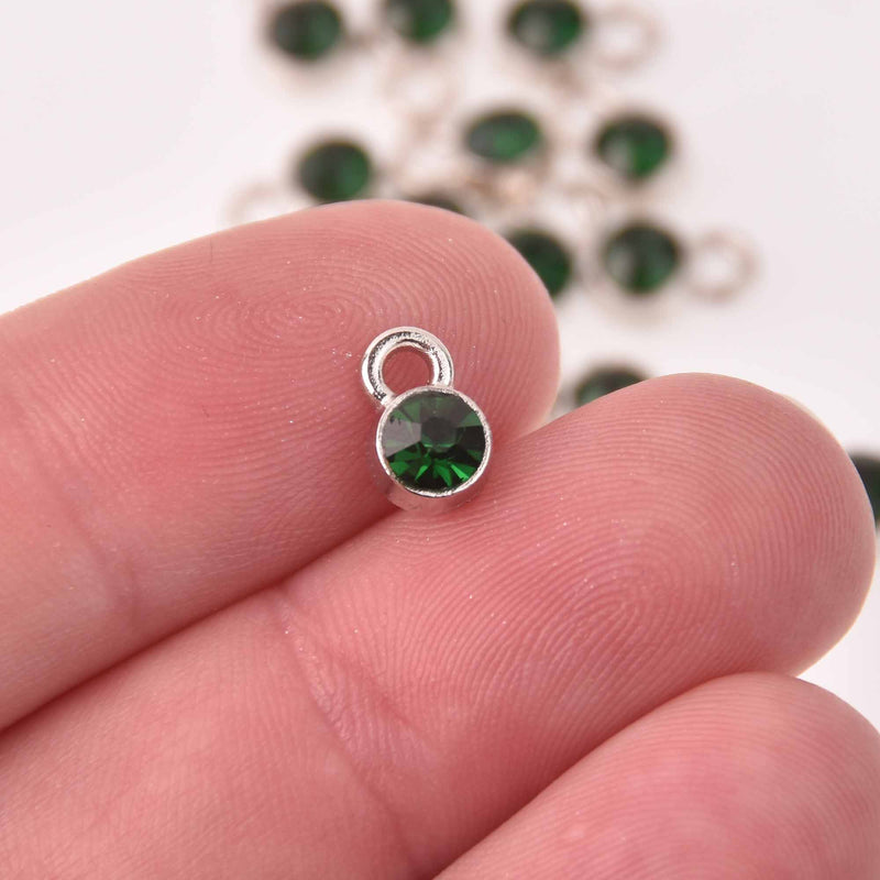 Emerald Green Drop Charms 6mm Silver and Rhinestone Crystal Dot Charms chs8226