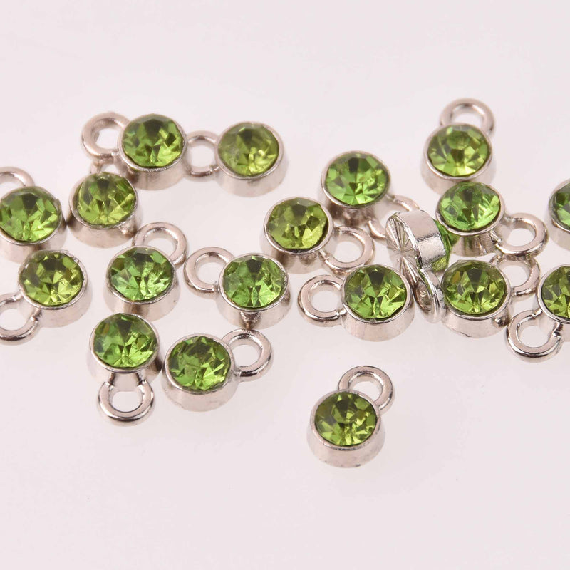 Peridot Green Drop Charms 6mm Silver and Rhinestone Crystal Dot Charms chs8229