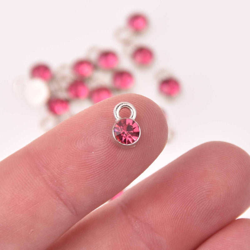 Pink Drop Charms 6mm Silver and Rhinestone Crystal Dot Charms chs8231