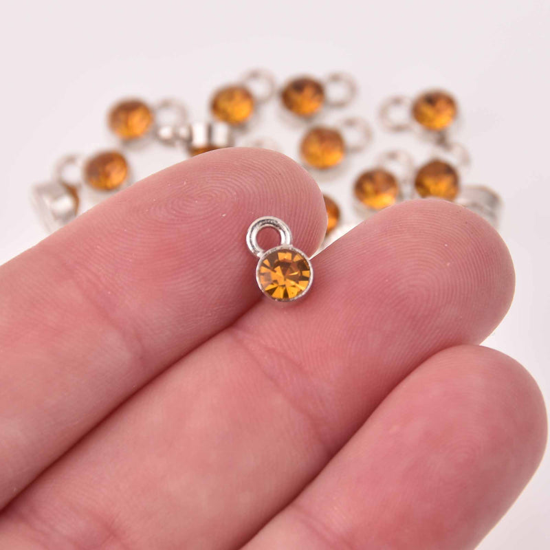 Citrine Yellow Drop Charms 6mm Silver and Rhinestone Crystal Dot Charms chs8232