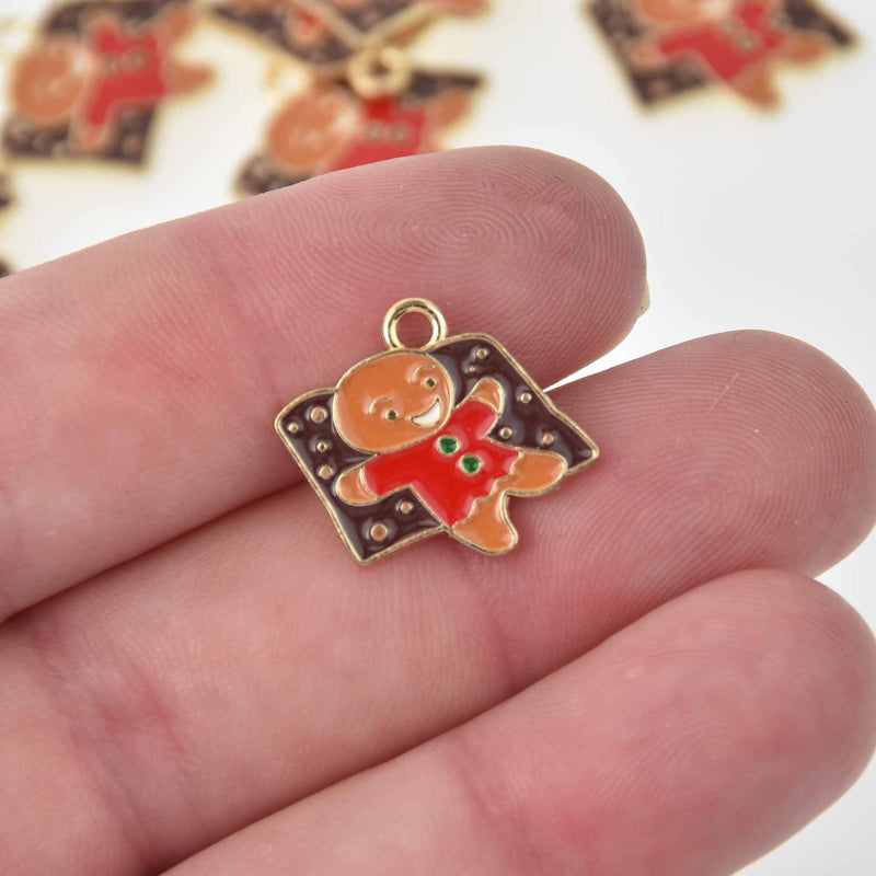5 Gingerbread Man Christmas Charms, Gold Plated with enamel, 3/4", chs8243