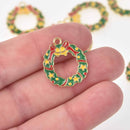 5 Wreath Christmas Charms, Gold Plated with enamel, 7/8", chs8244
