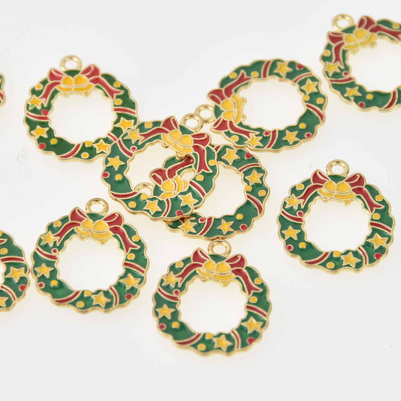 5 Wreath Christmas Charms, Gold Plated with enamel, 7/8", chs8244
