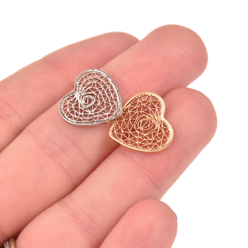 Small Lace FILIGREE HEART Charms, 2 of Gold or Silver, Dream Catcher Woven 15mm