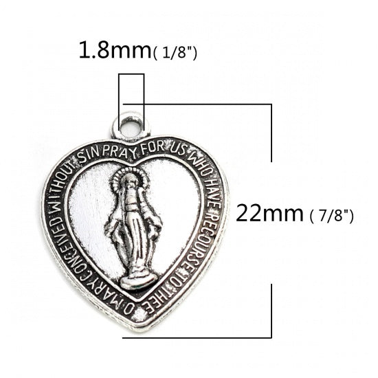 Heart Saint Charms, Silver, Virgin Mary Rosary, 22mm, chs8292