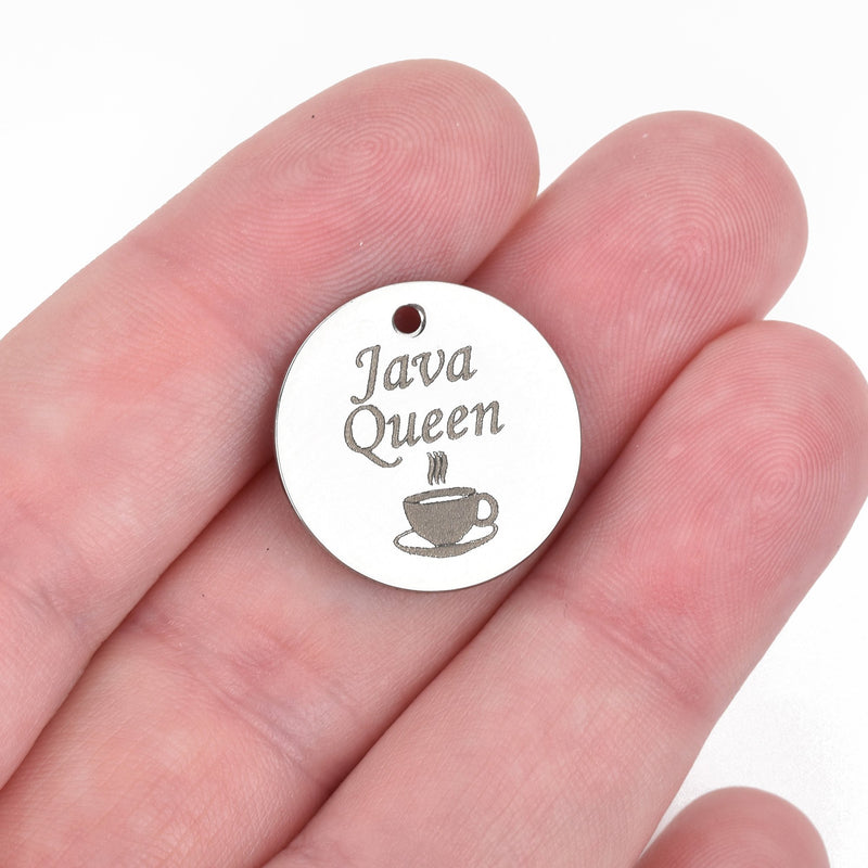 5 JAVA QUEEN Charms, Stainless Steel Quote Charms, Coffee Lover Charms, Coffee Cup Charms, 20mm (3/4"), cls0061a