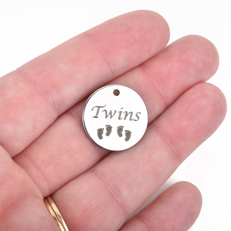 5 TWINS Charms, Stainless Steel Quote Charms, Baby Footprint Charm, Pregnancy Announcement, New Mom Charms, 20mm (3/4") cls0084a