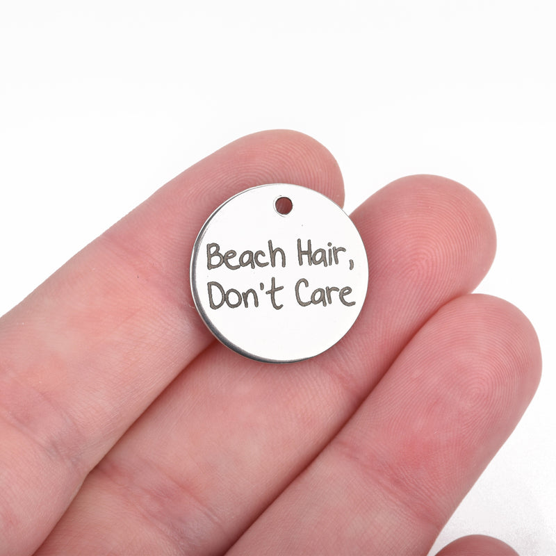 5 BEACH HAIR Charms, Silver Stainless Steel Quote Charms, Beach Hair, Don't Care Charms, 20mm (3/4"), cls0118a