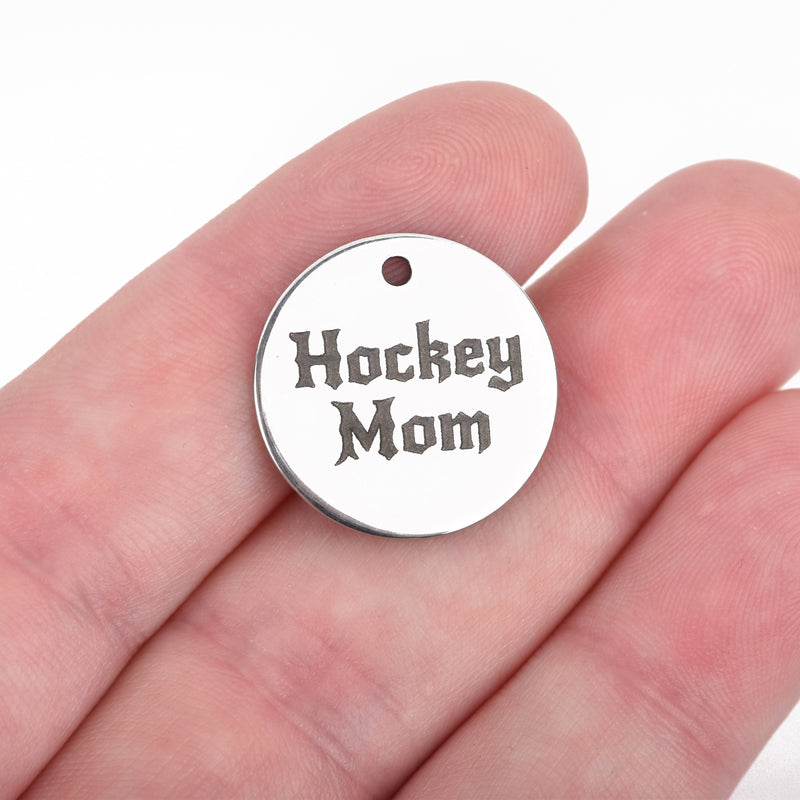 5 HOCKEY MOM Charms, Stainless Steel Quote Charms, Hockey Charms, Sports Charms, 20mm (3/4"), cls0119a