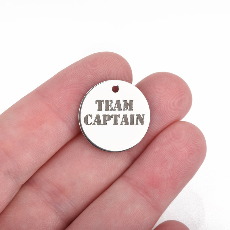 5 TEAM CAPTAIN Charms, Stainless Steel Quote Charms, Sports Charms, Stencil Font, 20mm (3/4"), cls0132a