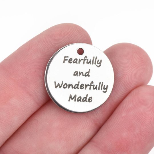 5 GODLY WOMAN Charms, Silver Stainless Steel Quote Charms, Fearfully and wonderfully made Charms, 20mm (3/4"), cls0138a