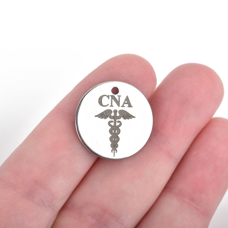 5 Nurse Charms, Stainless Steel Quote Charms, CNA Charms, Medical Charms, Caduceus Charms, 20mm (3/4"), cls0163a