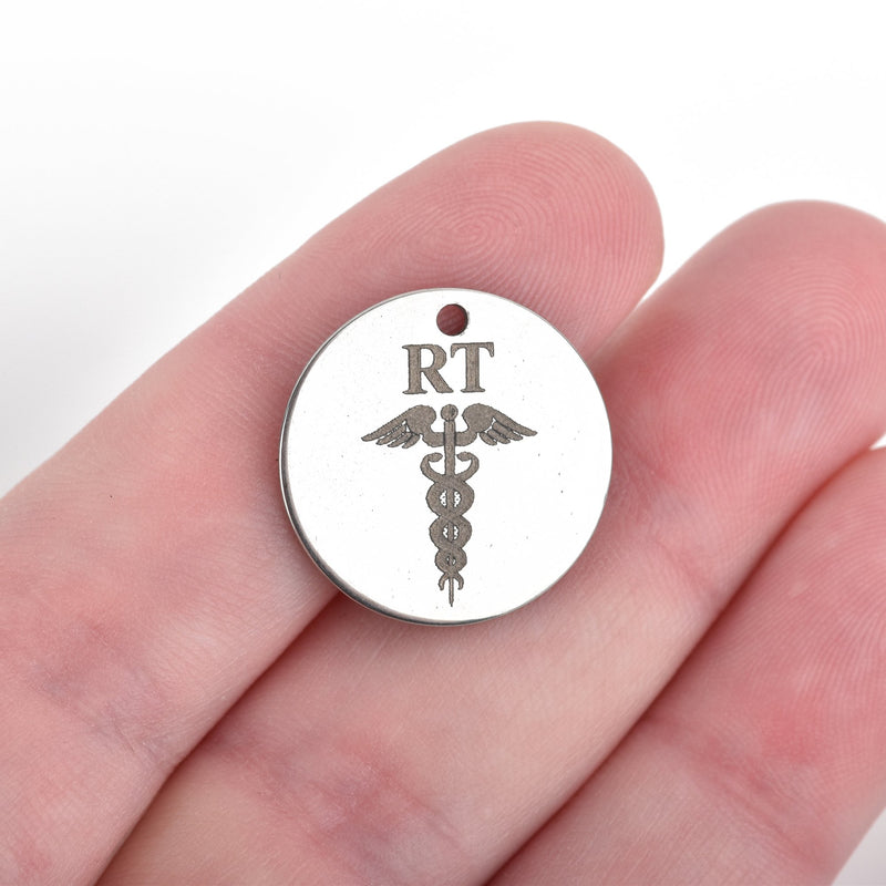 5 RESPIRATORY THERAPIST Charms, Silver Stainless Steel, RT Charms, Medical Charms, Caduceus Charms, 20mm (3/4"), cls0166a