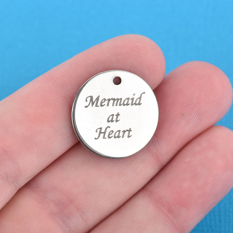5 MERMAID Charms, Stainless Steel Quote Charms, Mermaid at Heart Charms, 20mm (3/4"), cls0176a