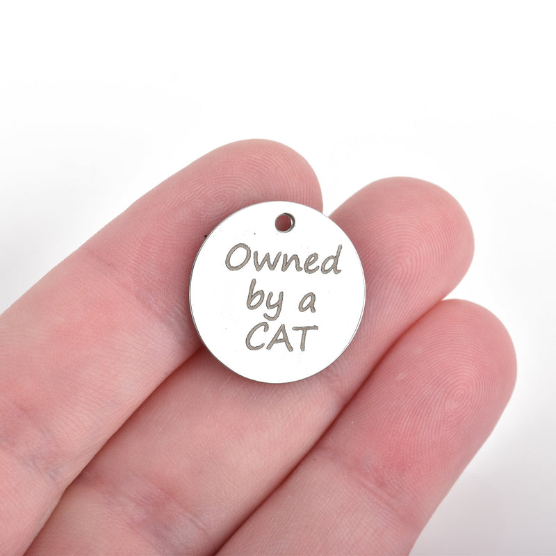 5 OWNED by a CAT Charms, Stainless Steel Quote Charms, 20mm (3/4"), cls0183a