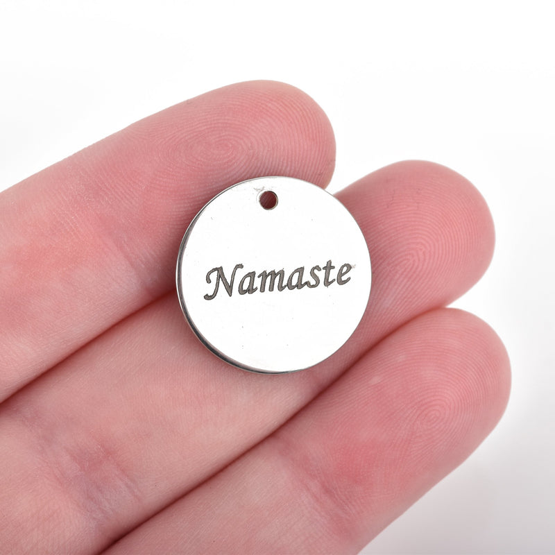 5 NAMASTE Charms, Silver Stainless Steel Quote Charms, Yoga Meditation Charms, 20mm (3/4"), cls0187a