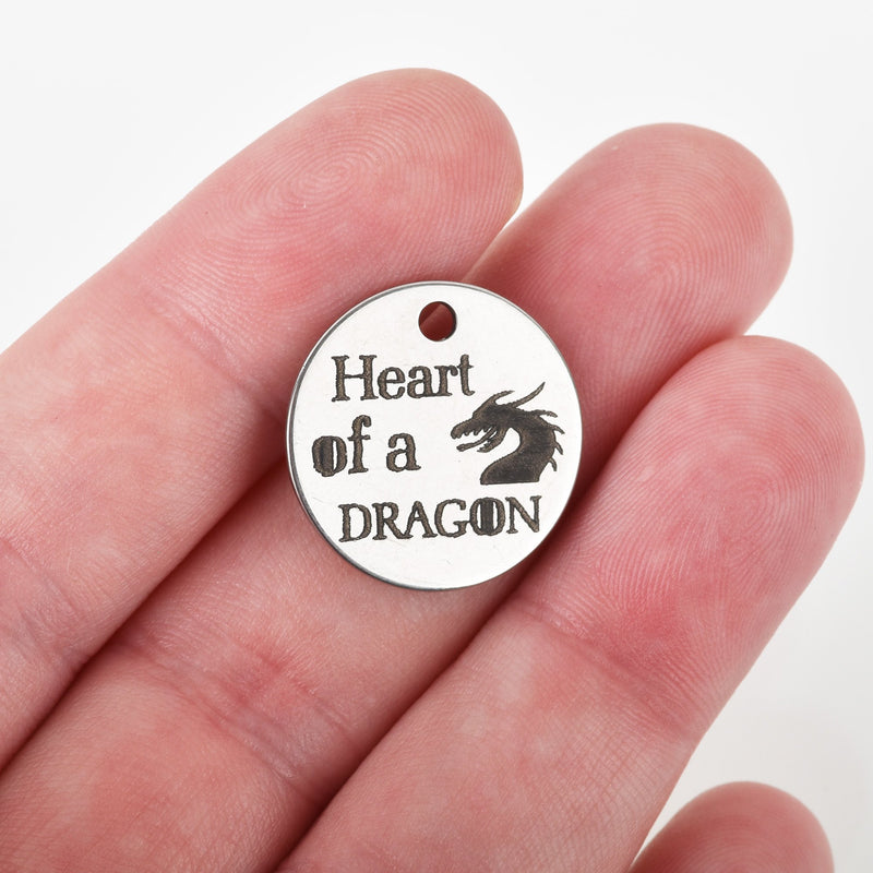 5 HEART of a DRAGON Charms, Dragon Charms, Stainless Steel Quote Charms, 20mm (3/4"), cls0210a