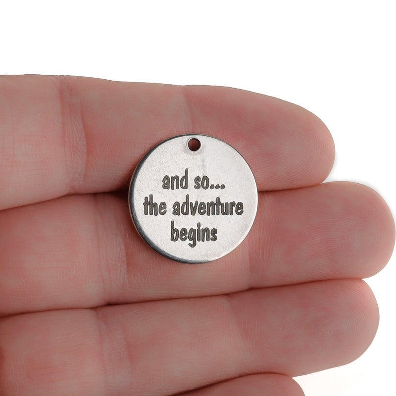 5 Adventure Travel Journey Inspiration Charms, Stainless Steel Quote Charms, Silver Charms, 20mm (3/4"), cls0230a