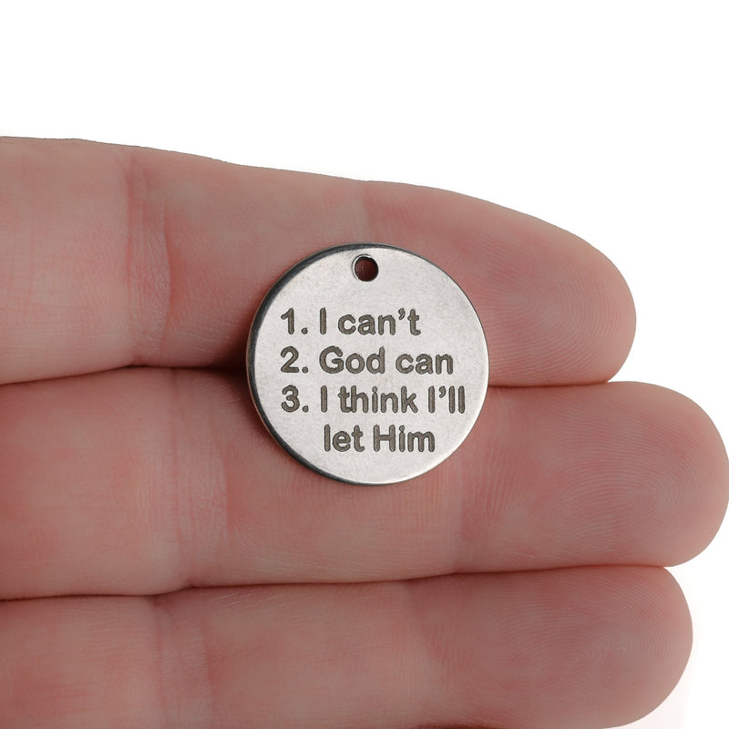 5 AA Step Three Recovery Religious Inspiration Charms, Stainless Steel Quote Charms, Silver Charms, 20mm (3/4"), cls0237a